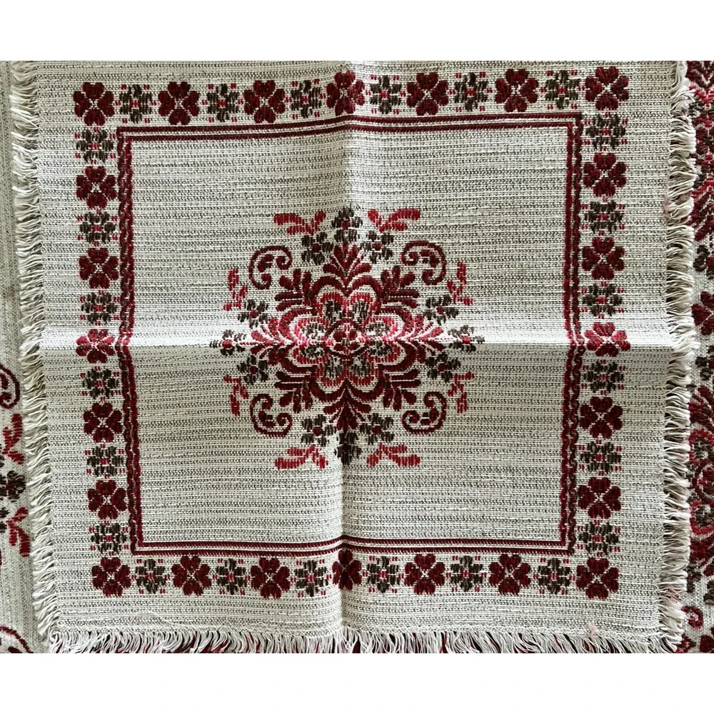 VTG Austrian Woven Folk Detailed Geometric Floral Tablecloth & 6 Napkins